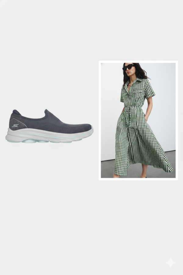 Gingham ZW Midi Shirt Dress & Skechers GO WALK 8 Aleena